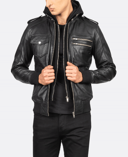 Bravado Black Hooded Leather Bomber Jacket